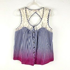 REWIND | 🍇 Boho Ombré Plaid Floral Lace Button-Up Tank Top Blouse